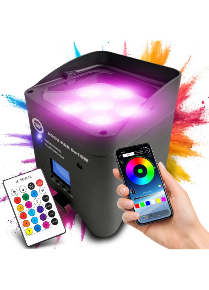 LIGHT4ME ACCU PAR 6x10W RGBWAUV akumulatorowy reflektor par oświetlenie dekoracyjne LED DMX W-DMX Wi-Fi aplikacja mobilna 8800 mAh pilot bezprzewodowy