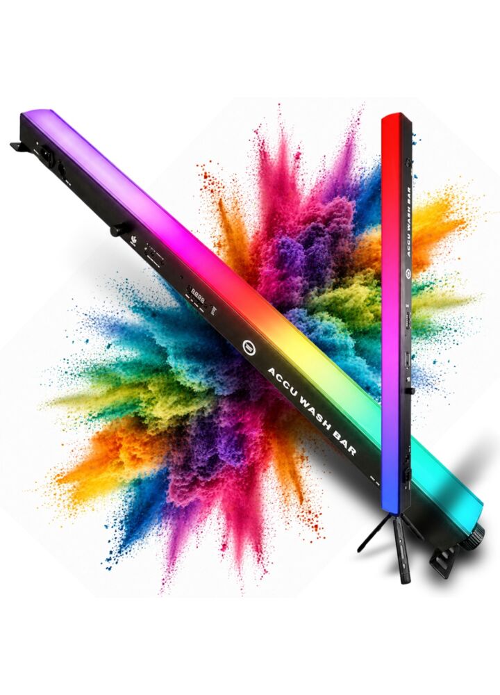 LIGHT4ME ACCU WASH BAR akumulatorowa listwa oświetleniowa wash bar LED DMX W-DMX 8800 mAh 192x0,3W RGB dyfuzor pilot bezprzewodowy statyw trójnożny do pracy w pionie 2x uchwyt montażowy