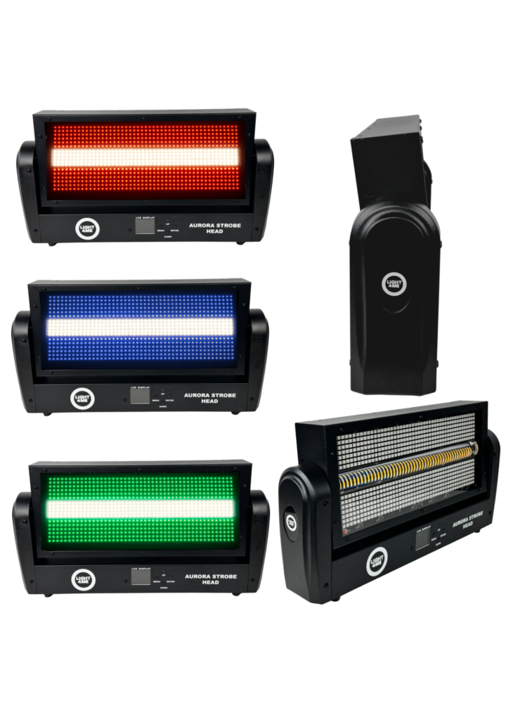 LIGHT4ME AURORA STROBE HEAD ruchomy stroboskop sceniczny oświetlenie LED efekt świetlny 672x0,2W RGB SMD5050+144x1W WW SMD3030 2x uchwyt montażowy Omega