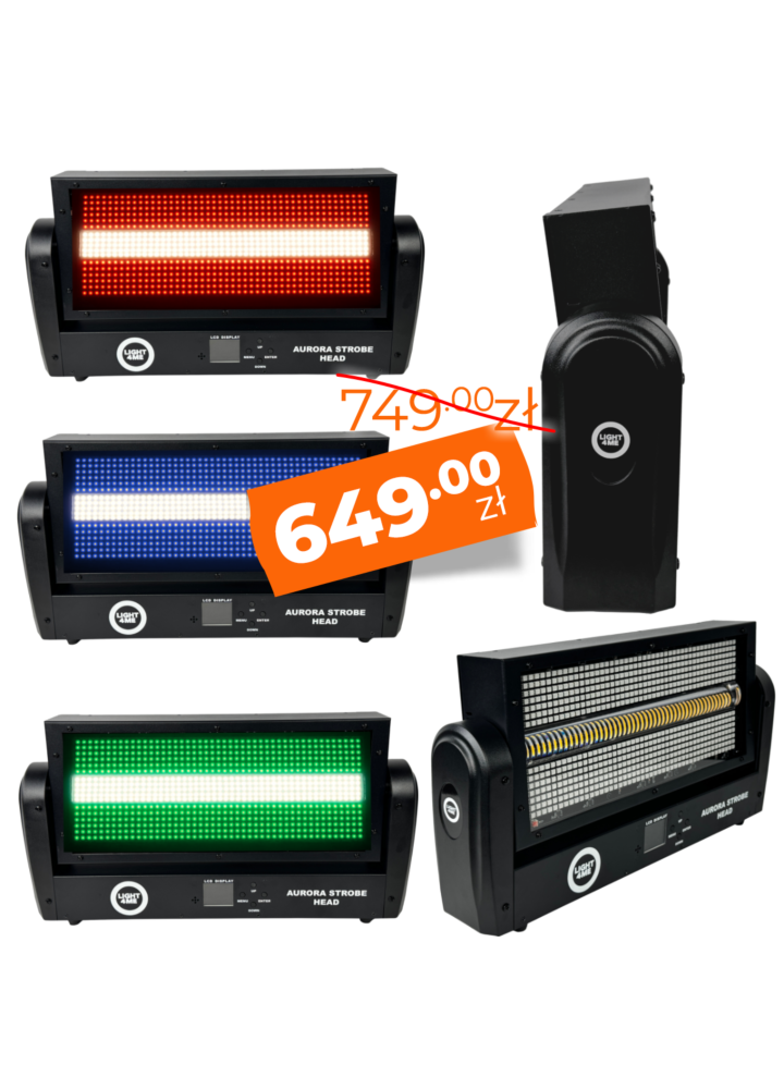 LIGHT4ME AURORA STROBE HEAD ruchomy stroboskop sceniczny oświetlenie LED efekt świetlny 672x0,2W RGB SMD5050+144x1W WW SMD3030 2x uchwyt montażowy Omega