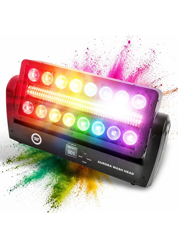LIGHT4ME AURORA WASH HEAD ruchomy efekt oświetleniowy oświetlacz wash oświetlenie sceniczne LED DMX 16x12W RGBW + 144x1W CW/A 2x uchwyt montażowy omega