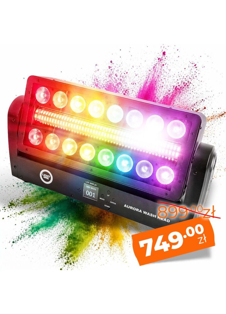 LIGHT4ME AURORA WASH HEAD ruchomy efekt oświetleniowy oświetlacz wash oświetlenie sceniczne LED DMX 16x12W RGBW + 144x1W CW/A 2x uchwyt montażowy omega