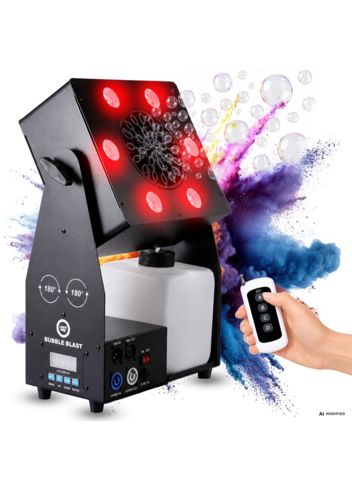 LIGHT4ME BUBBLE BLAST wytwornica baniek sceniczna maszyna do baniek DMX RGBW LED 6×4W zbiornik 2,5 l pilot bezprzewodowy regulowany kąt emisji 0-180°