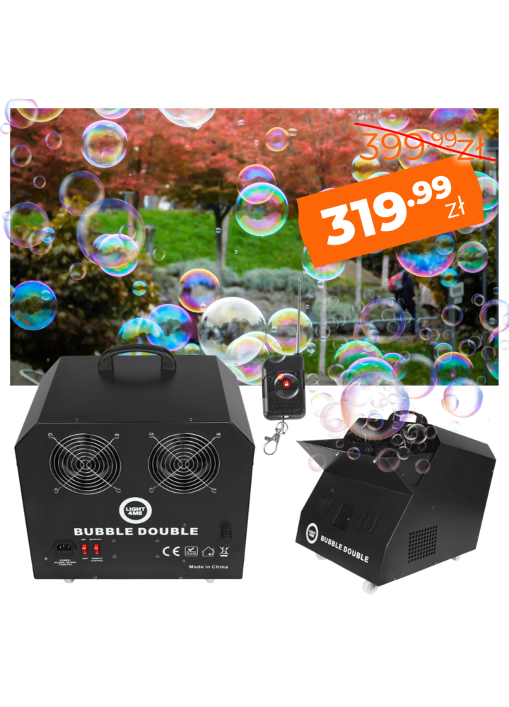 LIGHT4ME BUBBLE DOUBLE wytwornica baniek 300W czarna kółka transportowe pilot bezprzewodowy