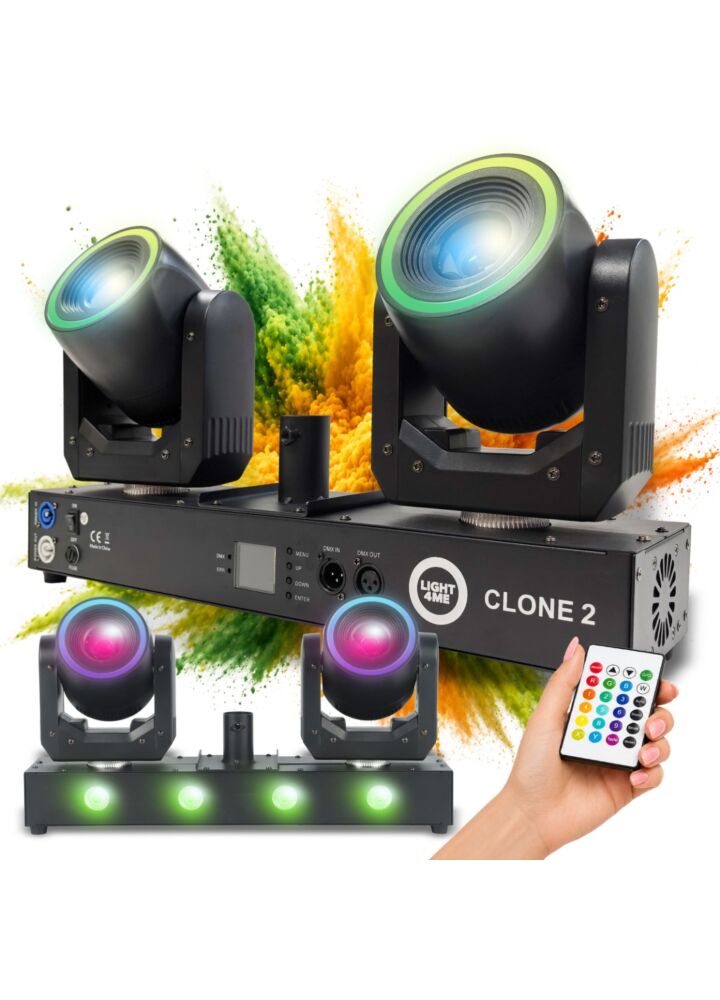 LIGHT4ME CLONE 2 multiefekt oświetleniowy 3w1 oświetlenie sceniczne LED DMX 2x głowica ruchoma spot 100W efekt ring 48x0,2W SMD 5050 RGB efekt wash 4x12W RGBWAUV adapter statywu oświetleniowego 35 mm pilot bezprzewodowy 2x uchwyt montażowy omega