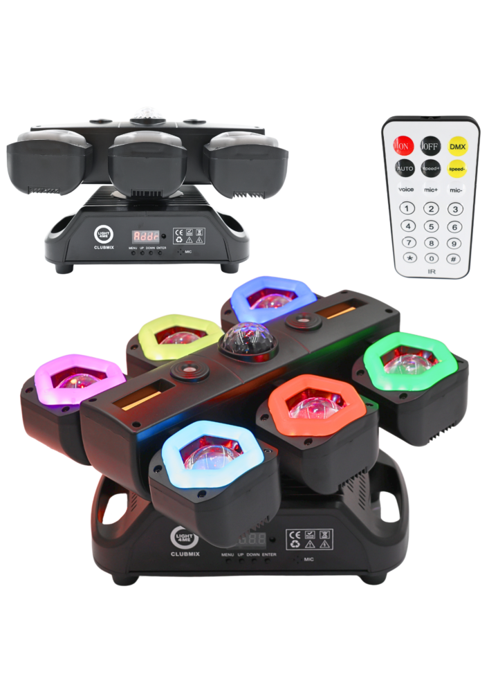 LIGHT4ME CLUBMIX ruchomy multiefekt oświetleniowy 6w1 LED DMX beam magic ball złoty stroboskop czerwony zielony laser ring 7x15W RGBW + 2x5W A + 108x0,2W RGB pilot bezprzewodowy uchwyt montażowy