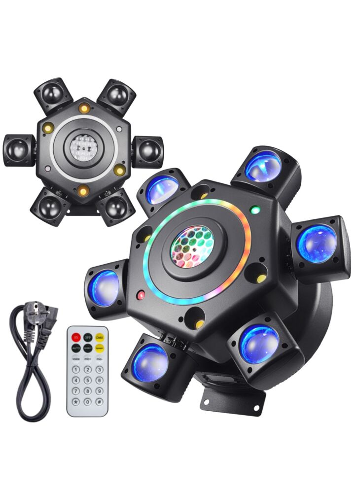 LIGHT4ME COSMOS 2 ruchomy multiefekt świetlny 7w1 LED DMX beam kaleido/gobo ring biały/złoty stroboskop 6x10W RGBW + 6x3W RGBW LED + 23x0,2W RGB + 2x10W W + 2x10W A + laser czerwony 50 mW + laser zielony 50 mW pilot bezprzewodowy uchwyt montażowy