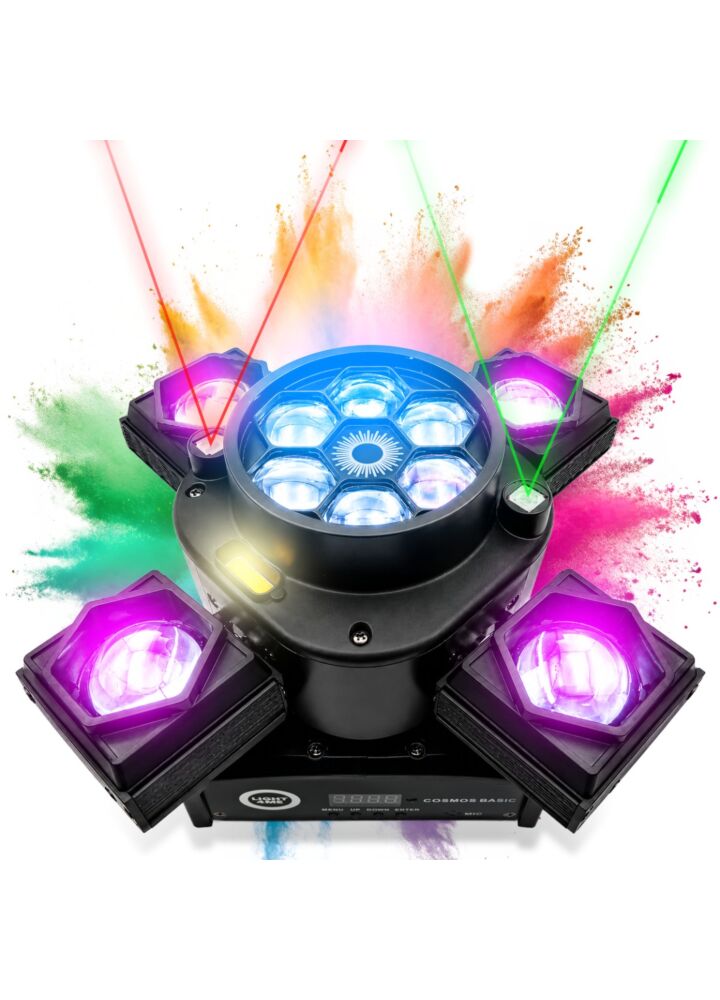LIGHT4ME COSMOS BASIC ruchomy multiefekt oświetleniowy 4w1 oświetlenie sceniczne LED DMX Beam 4x15W RGBW CREE Bee Eye 6x8W RGBW laser czerwony 100 mW laser zielony 100 mW Golden Strobe 2x5W A pilot bezprzewodowy uchwyt montażowy omega