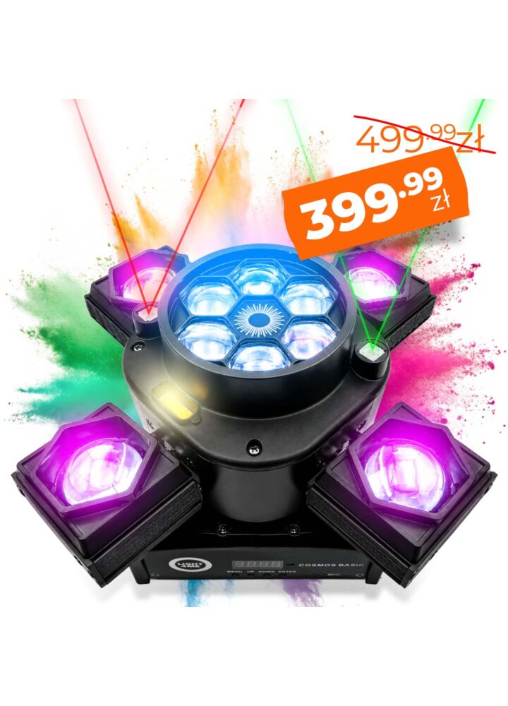 LIGHT4ME COSMOS BASIC ruchomy multiefekt oświetleniowy 4w1 oświetlenie sceniczne LED DMX Beam 4x15W RGBW CREE Bee Eye 6x8W RGBW laser czerwony 100 mW laser zielony 100 mW Golden Strobe 2x5W A pilot bezprzewodowy uchwyt montażowy omega