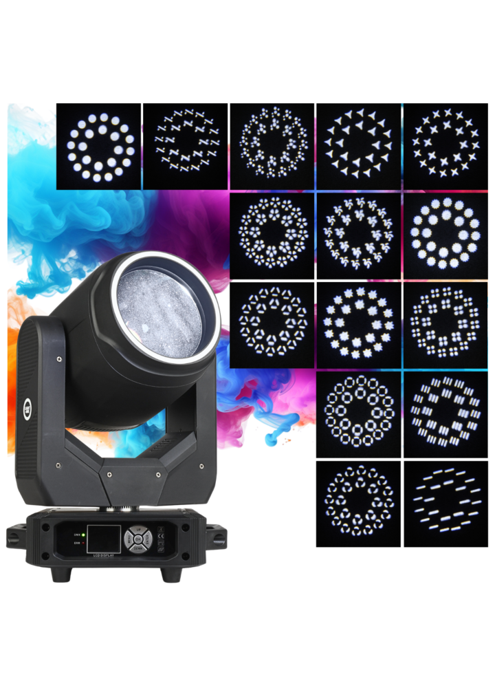 LIGHT4ME FOCUS 200W BEAM RING LED głowica ruchoma oświetlenie sceniczne efekt ring 27x0,5W RGB SMD LED uchwyt montażowy omega