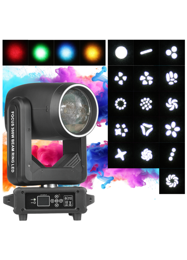 LIGHT4ME FOCUS 300W BEAM RING LED głowica ruchoma oświetlenie sceniczne efekt ring 31x0,5W RGB SMD LED 2x uchwyt montażowy omega