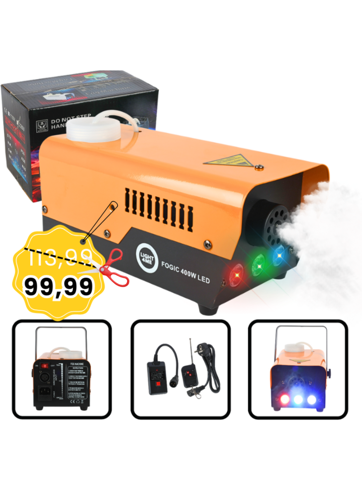 LIGHT4ME FOGIC 400W LED generator wytwornica dymu mgły efekt świetlny RGB pilot bezprzewodowy kontroler przewodowy uchwyt montażowy