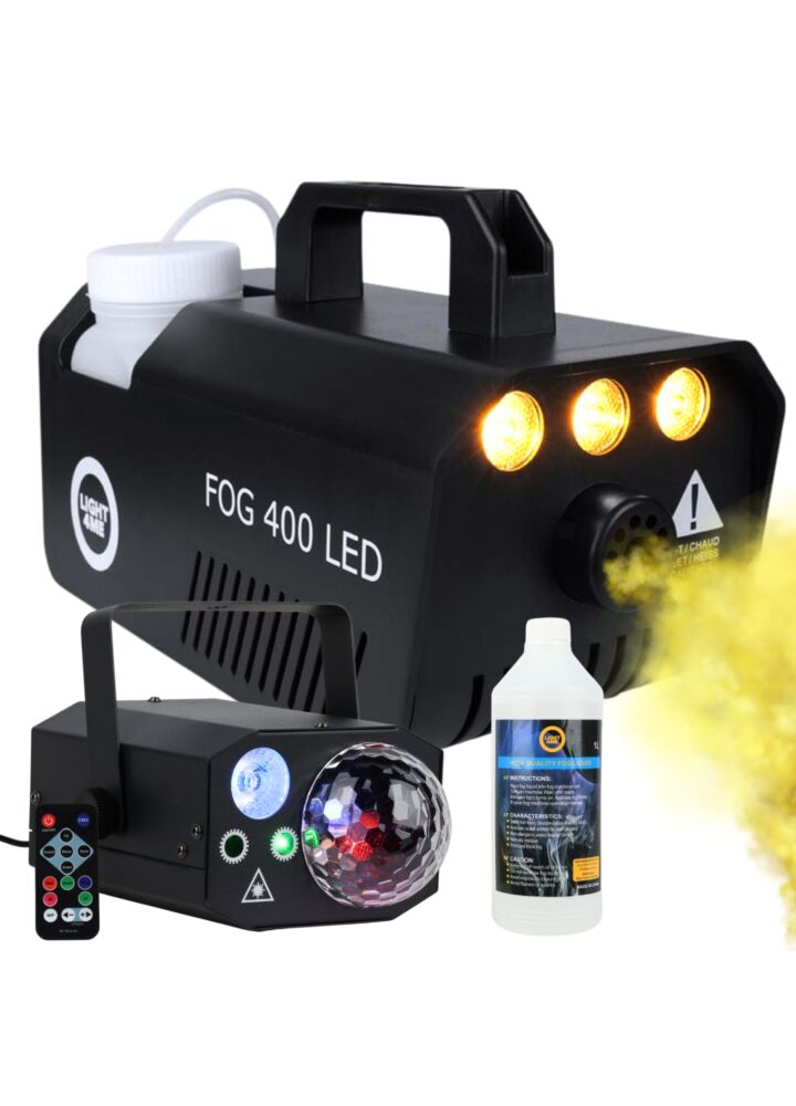 LIGHT4ME GIG SET 1 wytwornica dymu 400W LED płyn do dymu 1l efekt oświetleniowy 4w1 RGBW+RGB+laser R/G zestaw na event imprezę