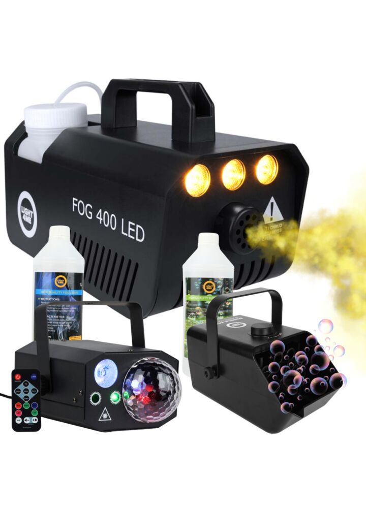 LIGHT4ME GIG SET 2 wytwornica dymu 400W LED płyn do dymu 1l akumulatorowa wytwornica baniek płyn do baniek 1l efekt oświetleniowy 4w1 RGBW+RGB+laser R/G zestaw na event imprezę