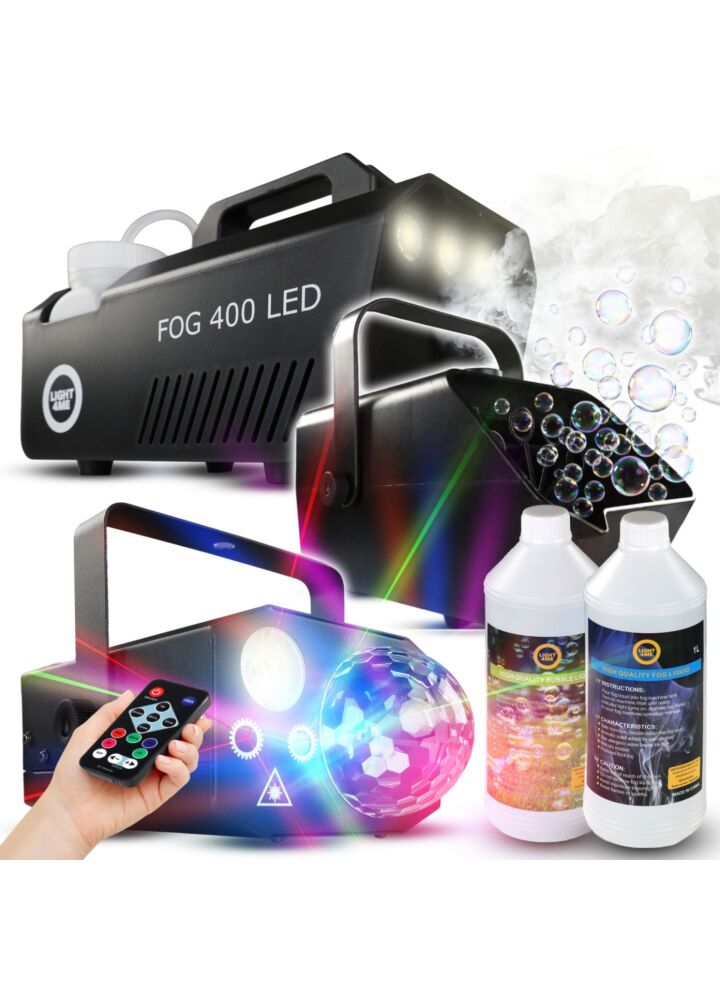 LIGHT4ME GIG SET 2 smoke machine 400W LED smoke liquid 1L battery-powered bubble machine bubble liquid 1L 4-in-1 lighting effect RGBW+RGB+R/G laser set for events and parties