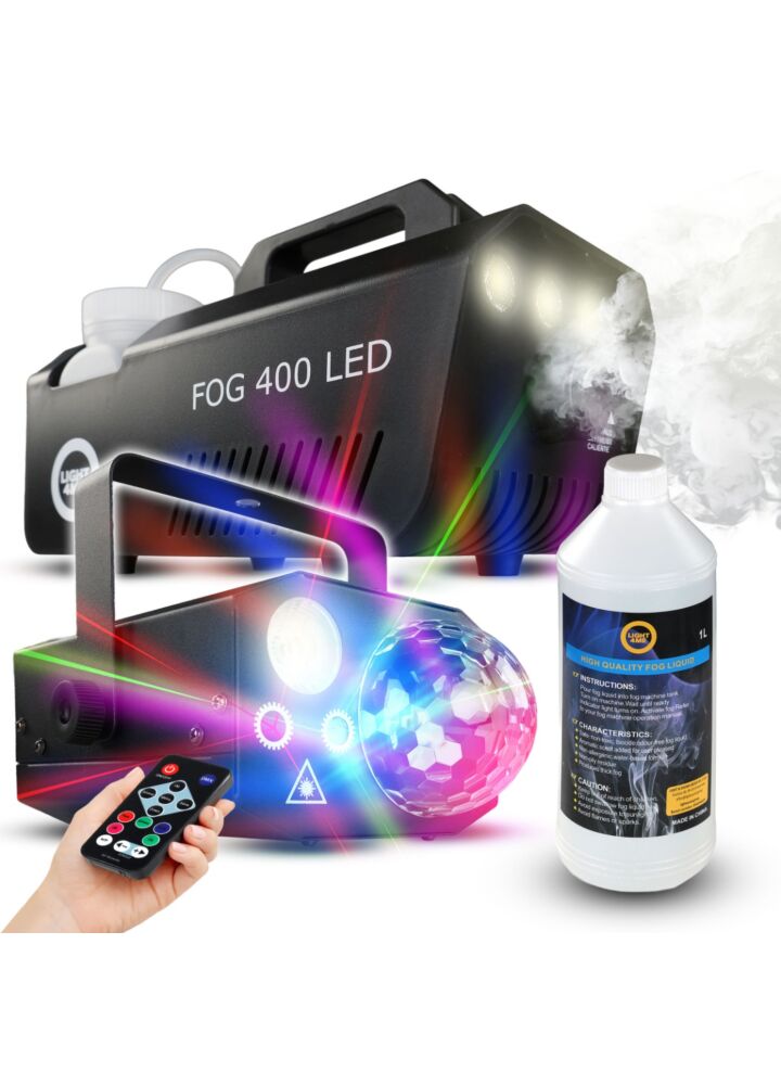 LIGHT4ME GIG SET 1 smoke machine 400W LED smoke liquid 1l lighting effect 4-in-1 RGBW+RGB+R/G laser set for events and parties