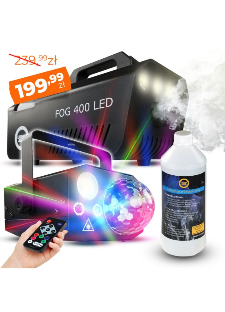 LIGHT4ME GIG SET 1 wytwornica dymu 400W LED płyn do dymu 1l efekt oświetleniowy 4w1 RGBW+RGB+laser R/G zestaw na event imprezę