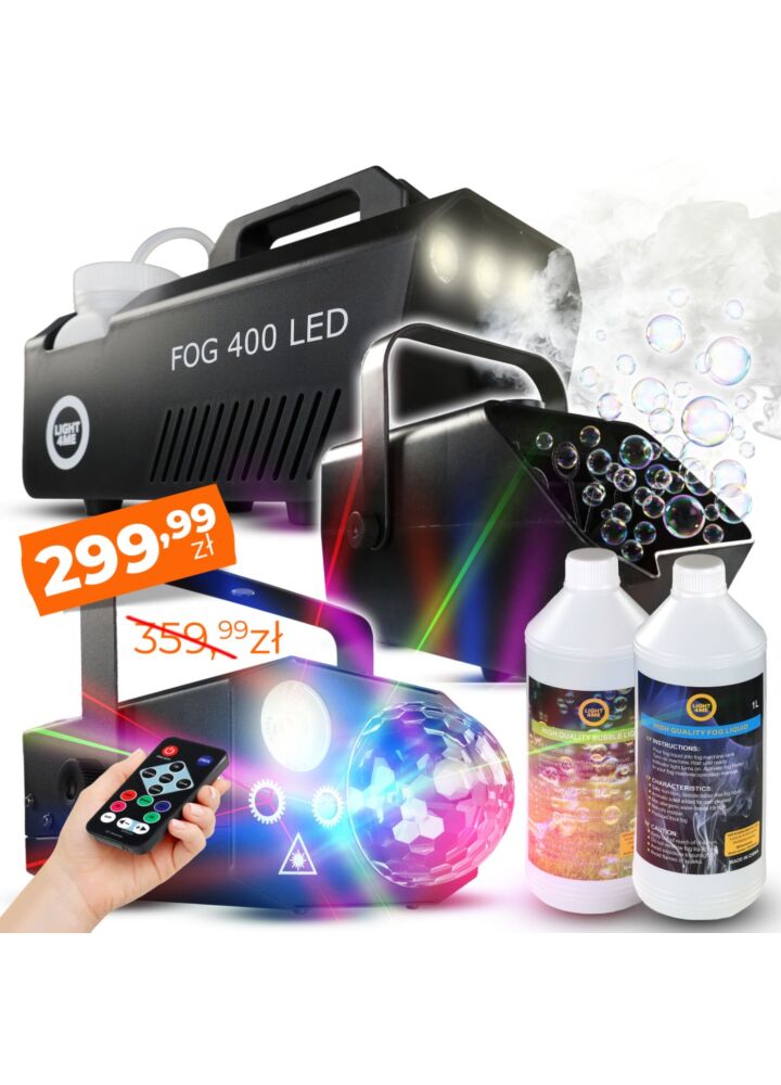 LIGHT4ME GIG SET 2 wytwornica dymu 400W LED płyn do dymu 1l akumulatorowa wytwornica baniek płyn do baniek 1l efekt oświetleniowy 4w1 RGBW+RGB+laser R/G zestaw na event imprezę