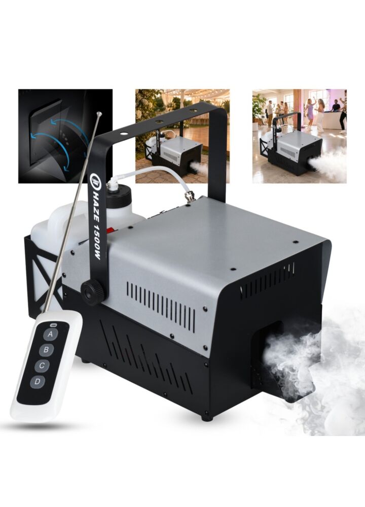 LIGHT4ME HAZE 1500W generator wytwornica dymu mgły hazer DMX pilot bezprzewodowy uchwyt montażowy