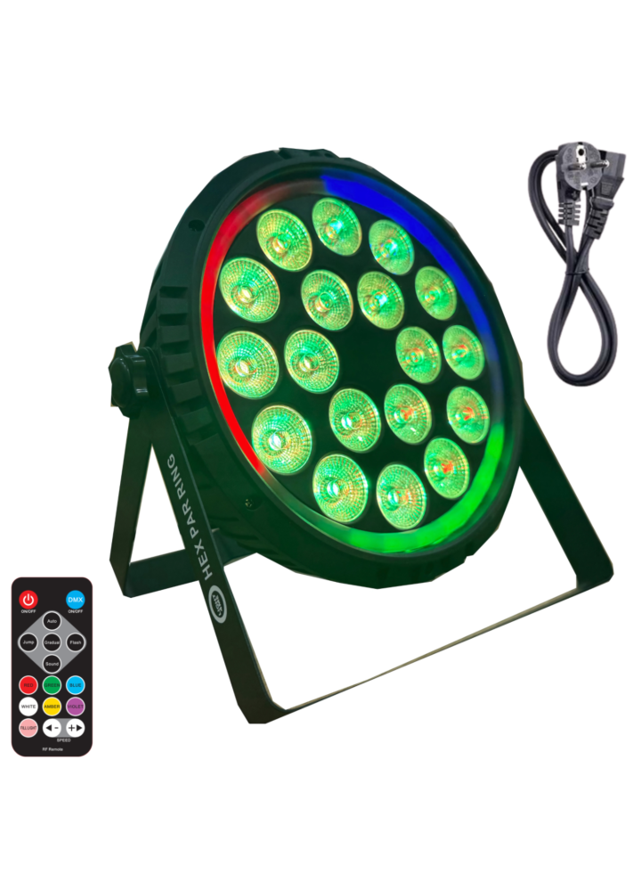 LIGHT4ME HEX PAR RING reflektor sceniczny efekt oświetleniowy DMX 18x6W RGBWA+UV LED+30x0,3W RGB SMD 5050 LED efekt ring pilot bezprzewodowy 2x uchwyt montażowy