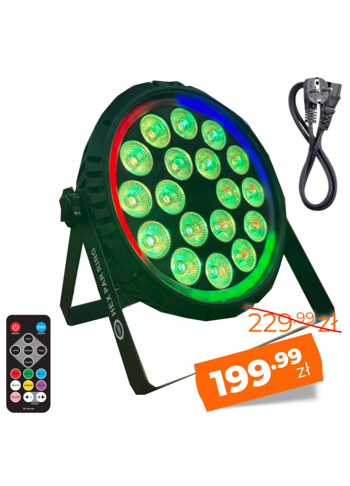 LIGHT4ME HEX PAR RING reflektor sceniczny efekt oświetleniowy DMX 18x6W RGBWA+UV LED+30x0,3W RGB SMD 5050 LED efekt ring pilot bezprzewodowy 2x uchwyt montażowy