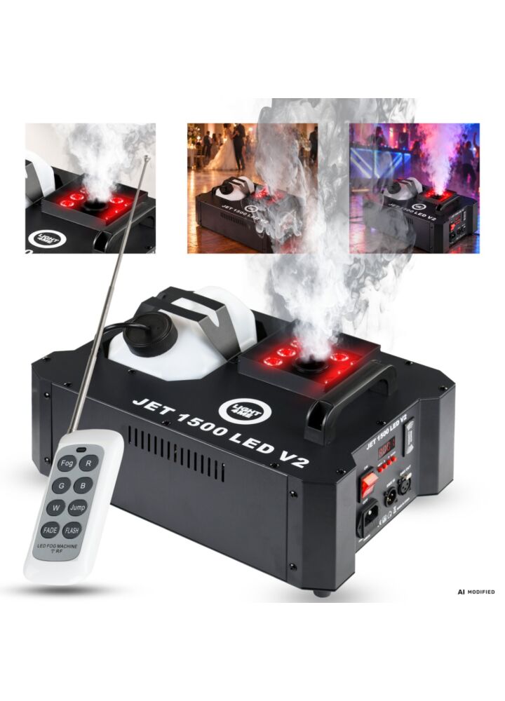 LIGHT4ME JET 1500 LED V2 wytwornica dymu pionowego 1500W DMX RGB LED pilot bezprzewodowy wyrzut dymu 6 m uchwyt montażowy