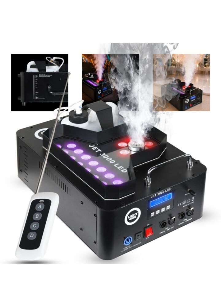 LIGHT4ME JET 3000 LED wytwornica dymu pionowego 3000W DMX 21x10W RGBW LED pilot bezprzewodowy wyrzut 8 m uchwyty montażowe
