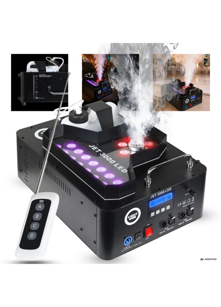 LIGHT4ME JET 3000 LED wytwornica dymu pionowego 3000W DMX 21x10W RGBW LED pilot bezprzewodowy wyrzut 8 m uchwyty montażowe
