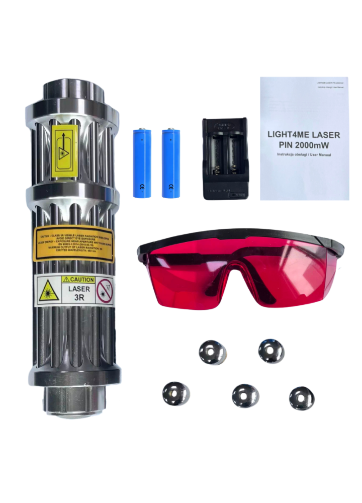 LIGHT4ME LASER PIN 2000mW powerful battery-powered laser pointer 450 nm blue laser 5 interchangeable heads charger safety glasses case set