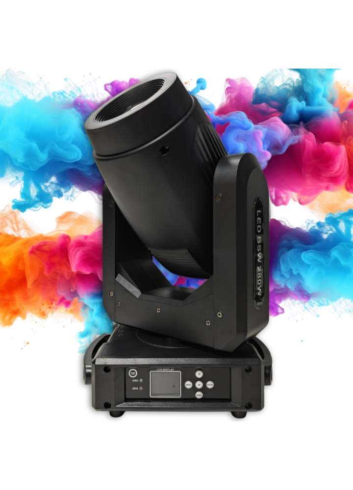 LIGHT4ME LED BSW 280W głowica ruchoma hybryda beam spot wash oświetlenie sceniczne DMX efekt ring 22x0,2W RGB 2x uchwyt montażowy omega