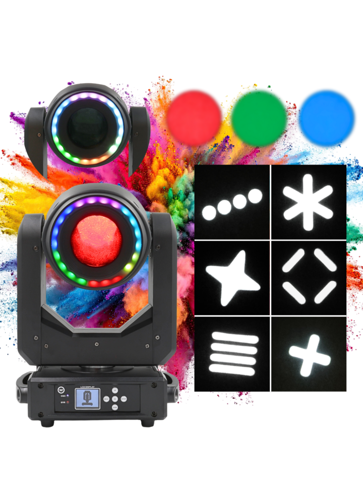 LIGHT4ME LED BSW 280W głowica ruchoma hybryda beam spot wash oświetlenie sceniczne DMX efekt ring 22x0,2W RGB 2x uchwyt montażowy omega