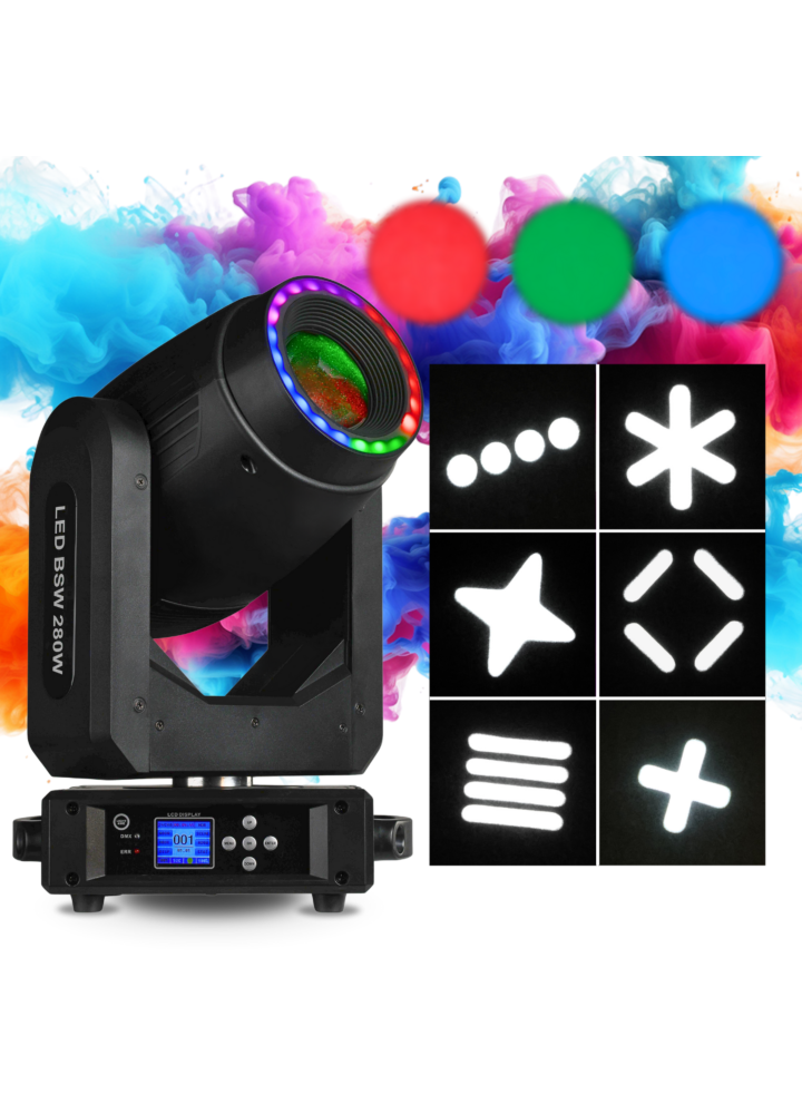 LIGHT4ME LED BSW 280W głowica ruchoma hybryda beam spot wash oświetlenie sceniczne DMX efekt ring 22x0,2W RGB 2x uchwyt montażowy omega