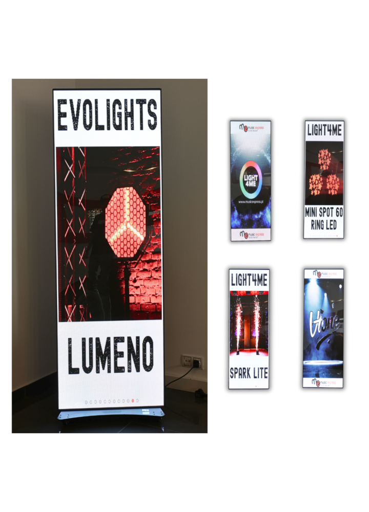 LIGHT4ME LED POSTER 2 ekran LED wyświetlacz wewnętrzny zdalnie sterowany P2.5 256x768 PC USB Wi-Fi Android HDMI zestaw 2 szt. case