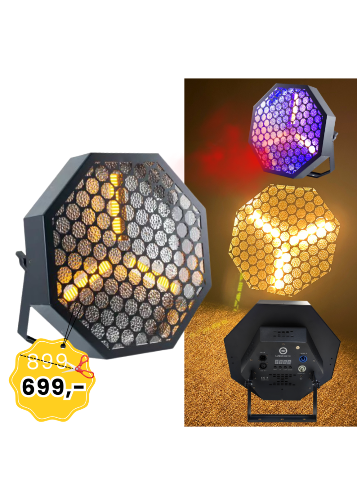 LIGHT4ME LUMEN OCTO reflektor sceniczny LED retro oświetlenie vintage 3x60W WW COB ciepła biel + efekt tła 48x0,3W RGB