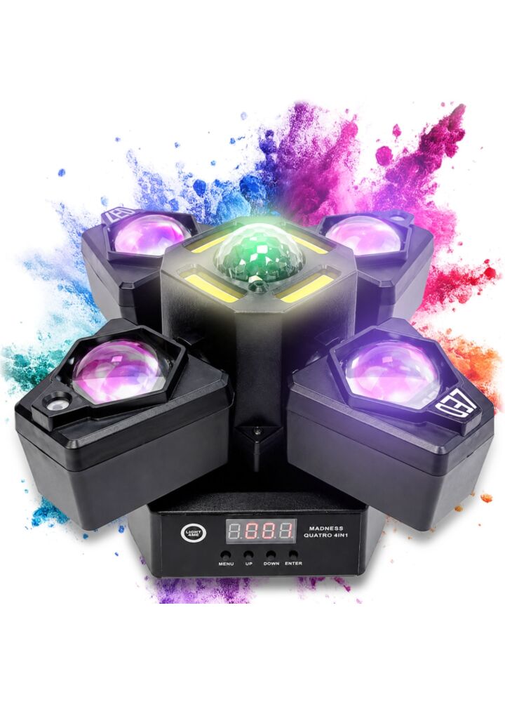 LIGHT4ME MADNESS QUATRO 4IN1 ruchomy multiefekt oświetleniowy oświetlenie sceniczne LED DMX Beam 16x3W R/G/B/W Magic Ball 10W RGBW laser czerwony 50 mW laser zielony 100 mW White Strobe 4x5W CW pilot bezprzewodowy uchwyt montażowy