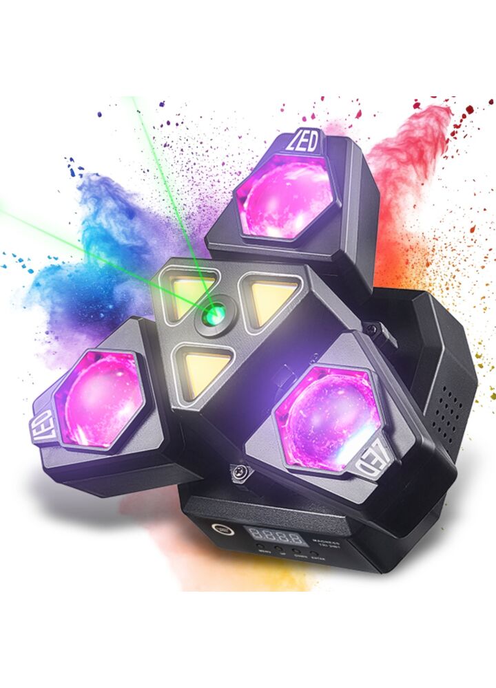 LIGHT4ME MADNESS TRI 3IN1 ruchomy multiefekt oświetleniowy oświetlenie sceniczne LED DMX Beam 12x3W R/G/B/W laser zielony 100 mW Golden Strobe 3x10W A pilot bezprzewodowy uchwyt montażowy