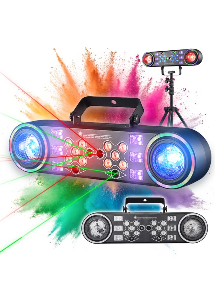 LIGHT4ME MAGIC BAR 4 multiefekt oświetleniowy 6w1 LED DMX Magic Ball 15W RGBW Water Wave 15W RGBW Ring 42x0,2W RGB Wash 10x4W RGBW efekt UV 6x3W 2x laser czerwony 100 mW 2x laser zielony 50 mW statyw pilot bezprzewodowy uchwyt montażowy torba transportowa