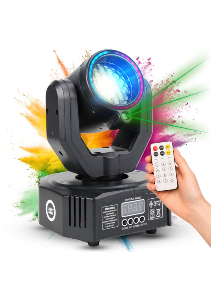 LIGHT4ME MAGIC HEAD głowica ruchoma FX LED DMX gobo beam ring laser zielony 50 mW pilot bezprzewodowy uchwyt montażowy 6x3W SMD 3535 R/G/B + 12x0,2 SMD 5050 RGB
