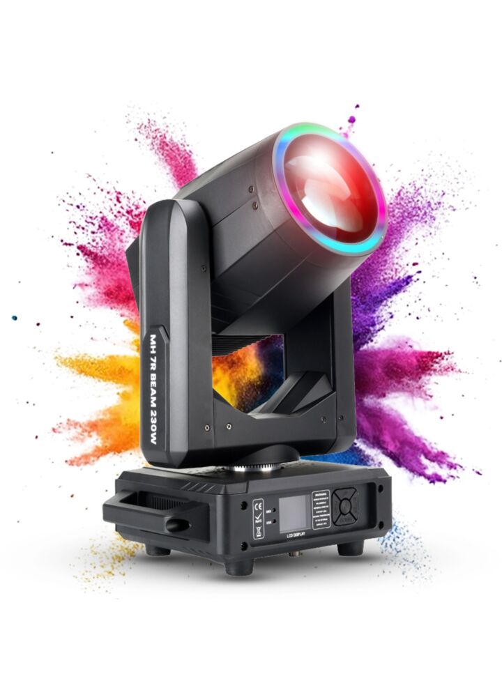 LIGHT4ME MH 7R BEAM 230W głowica ruchoma beam lampa wyładowcza oświetlenie sceniczne DMX efekt ring LED uchwyt montażowy