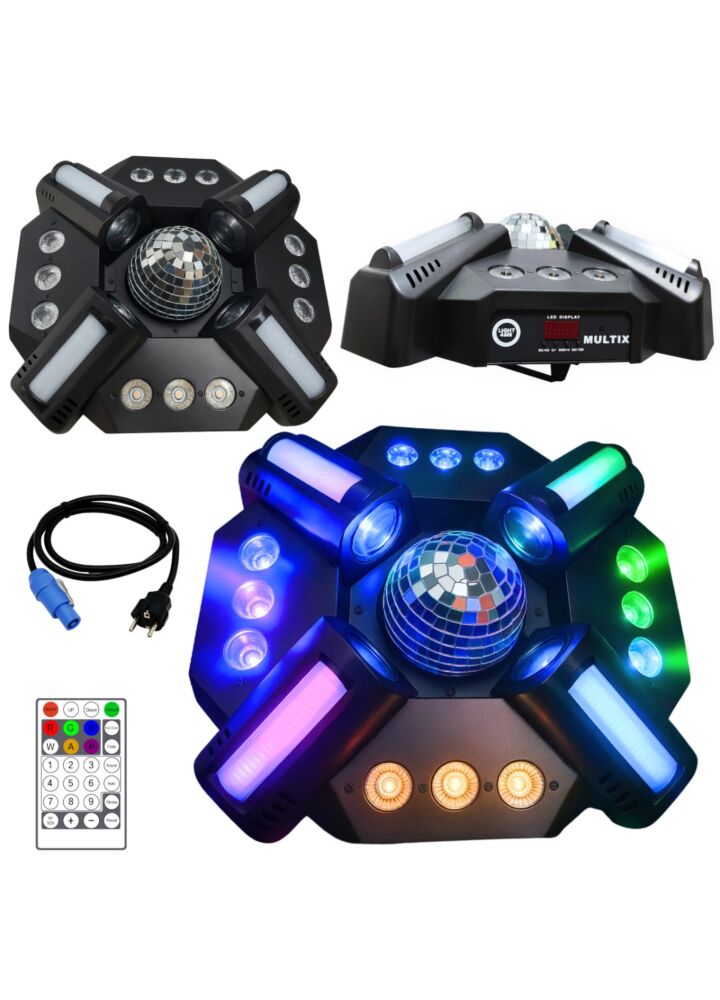 LIGHT4ME MULTIX multiefekt świetlny 3w1 LED sceniczny pilot bezprzewodowy uchwyt montażowy 4x30W RGBW SMD 5060+12x3W RGBWAUV SMD 15090+40x0,2W RGB SMD 3528