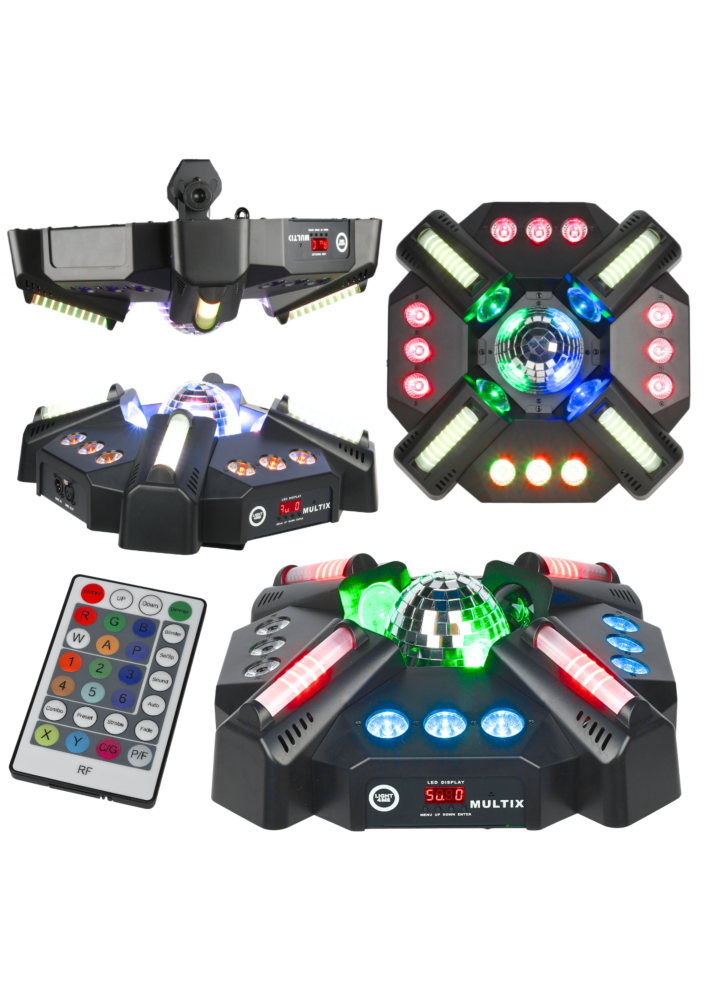 LIGHT4ME MULTIX multiefekt świetlny 3w1 LED sceniczny pilot bezprzewodowy uchwyt montażowy 4x30W RGBW SMD 5060+12x3W RGBWAUV SMD 15090+40x0,2W RGB SMD 3528