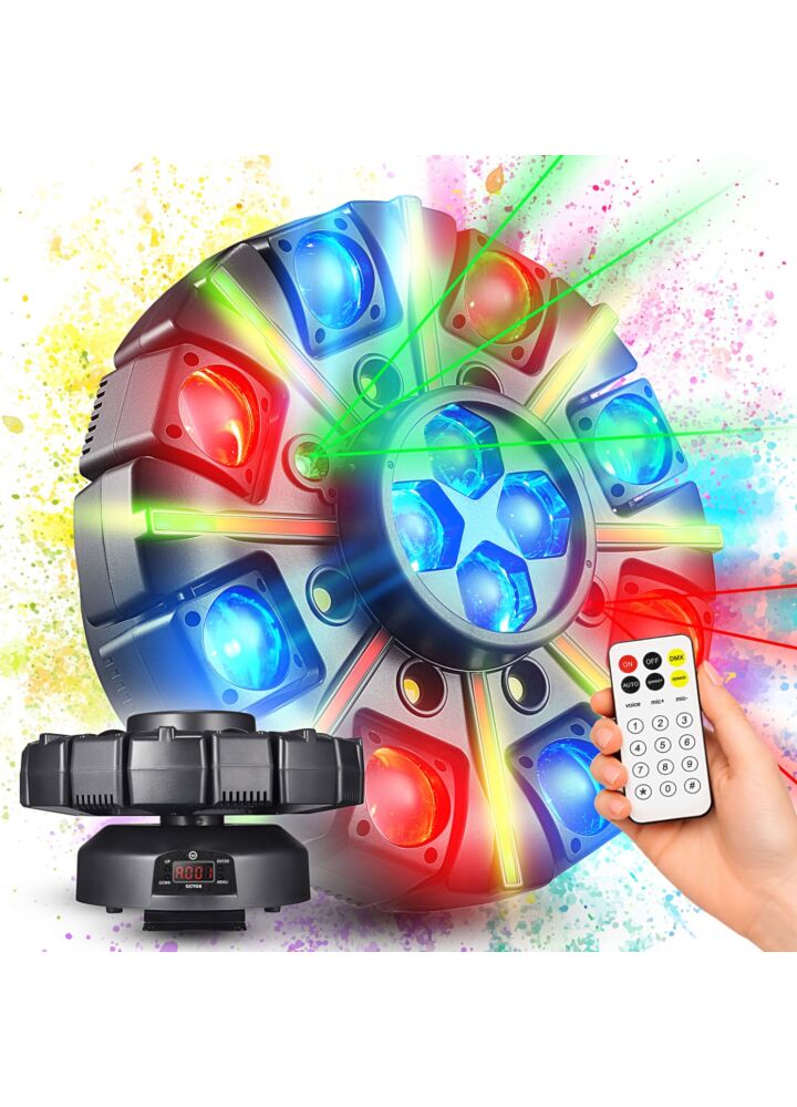 LIGHT4ME OCTOS ruchomy multiefekt oświetleniowy 7w1 LED DMX Beam RGBW Bee Eye RGBW laser czerwony laser zielony White Strobe CW Golden Strobe WW Strip RGB pilot bezprzewodowy uchwyt montażowy