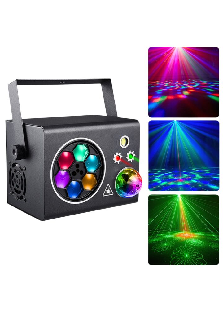 LIGHT4ME PARTY BOX-A efekt dyskotekowy multiefekt oświetleniowy LED DMX 5w1 gobo 6x3W R/G/B/W/P/Y kula disco 3x1W R/G/B laser R/G biały stroboskop 1x10W W uchwyt montażowy