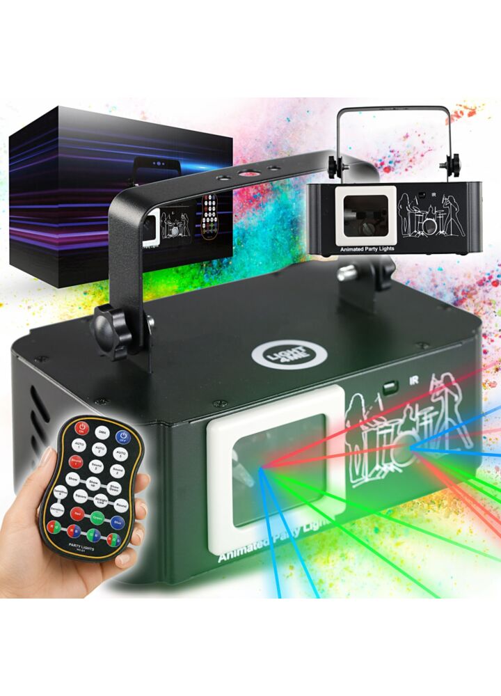 LIGHT4ME PARTY LASER 1 projektor laserowy skaner oprawa świetlna RGB DMX 30 kpps efekty graficzne animacje pilotem bezprzewodowy uchwyt montażowy sterowanie dźwiękiem
