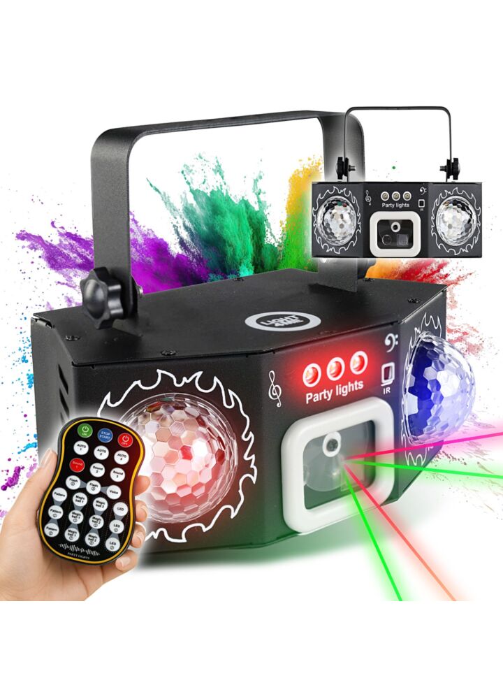 LIGHT4ME PARTY LIGHT 4 multiefekt oświetleniowy 4w1 oświetlenie LED na imprezę laser czerwony laser zielony podwójny efekt Magic Ball R/G/B efekt stroboskopu RGBW pilot bezprzewodowy uchwyt montażowy