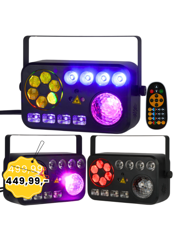 LIGHT4ME PARTY V multiefekt świetlny LED RGBW-UV 6w1 efekt Bee Eye biały stroboskop UV Water Wave par 2x laser R/G oświetlenie DJ klubowe dyskotekowe