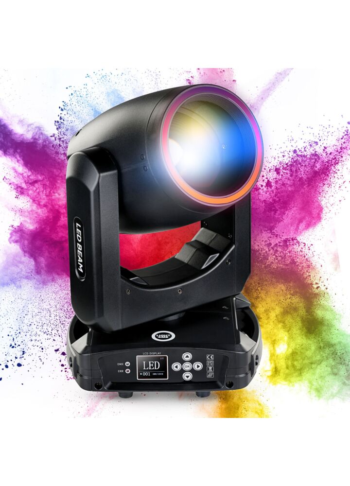 LIGHT4ME PRISMO BEAM 150W głowica ruchoma beam oświetlenie sceniczne LED DMX efekt ring 23 × 0,2W RGB SMD LED uchwyty montażowe omega