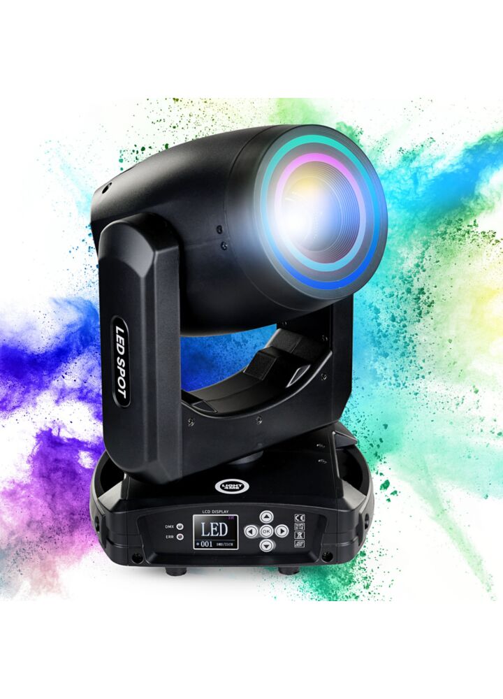 LIGHT4ME PRISMO SPOT 150W głowica ruchoma spot oświetlenie sceniczne LED DMX podwójny efekt ring 40 × 0,2W RGB SMD LED uchwyty montażowe omega