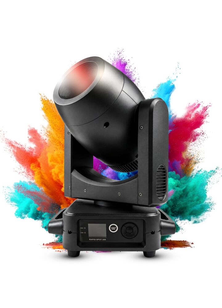 LIGHT4ME RAPID SPOT 200 głowica ruchoma oświetlenie sceniczne DMX 200W biała dioda LED focus tarcza 9 barw 9 gobo statycznych 6 gobo rotacyjnych indeksowanie gobo 6-fasetowa pryzma rotacyjna 2x uchwyt montażowy omega