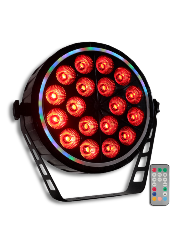 LIGHT4ME RING PAR 18 RGBW reflektor sceniczny efekt oświetleniowy DMX 18x10W RGBW LED+51x0,3W RGB LED efekt ring pilot bezprzewodowy uchwyt montażowy